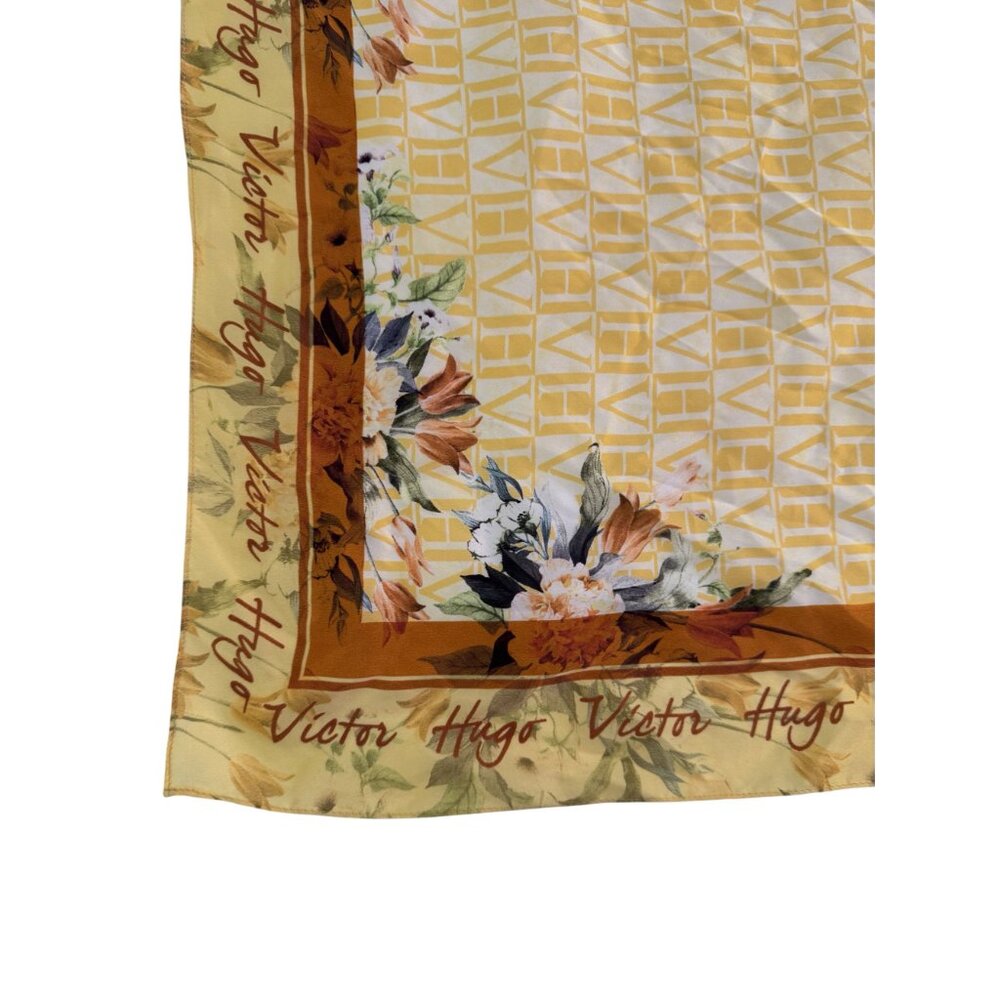 Vintage Victor Hugo Womens Floral Silk Scarf Yellow Botanical Monogram 60cm - Picture 2 of 7